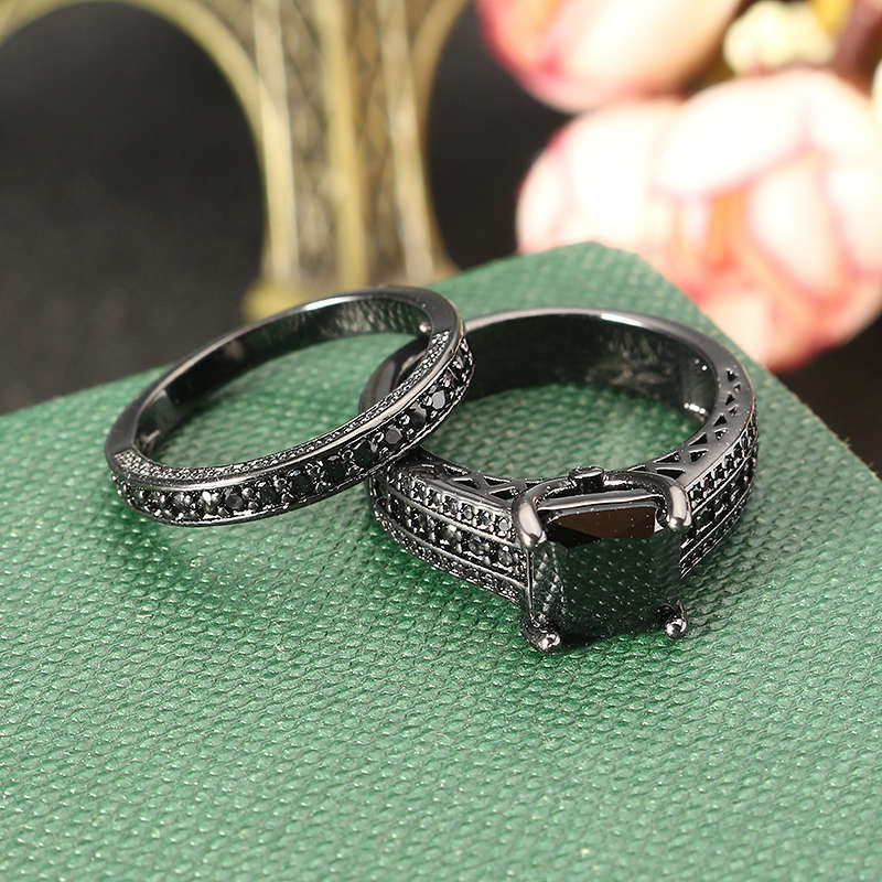 INALIS 2 Pcs Gun Black Plated Retro Zircon Full Rhinestone Ring Crystal Diamond Rings