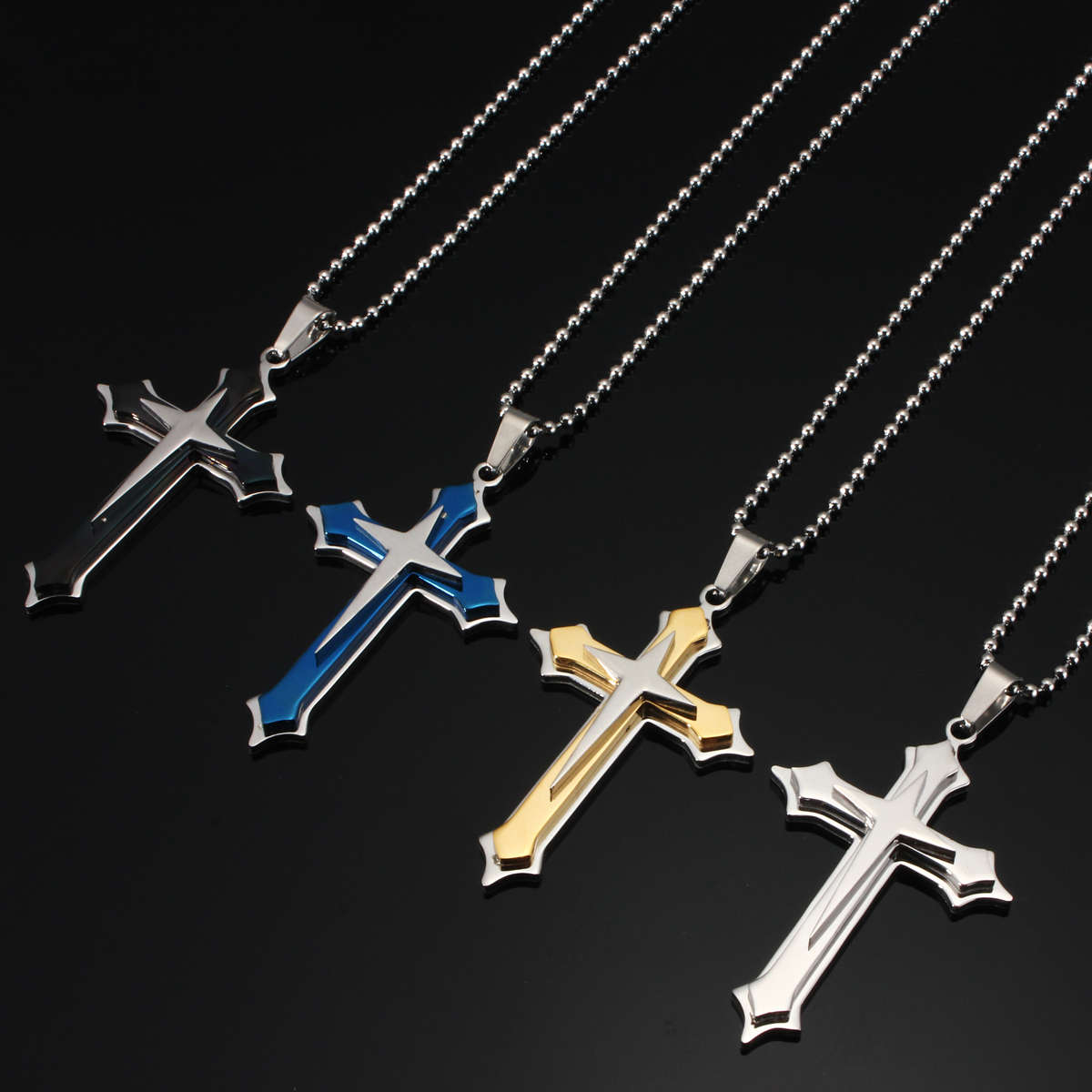 Starlike Cross Three Layers Pendant Stainless Steel Chain Necklace