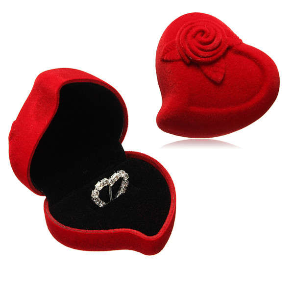 Bride Groom Red Velvet Heart Flower Rose Double Wedding Ring Box