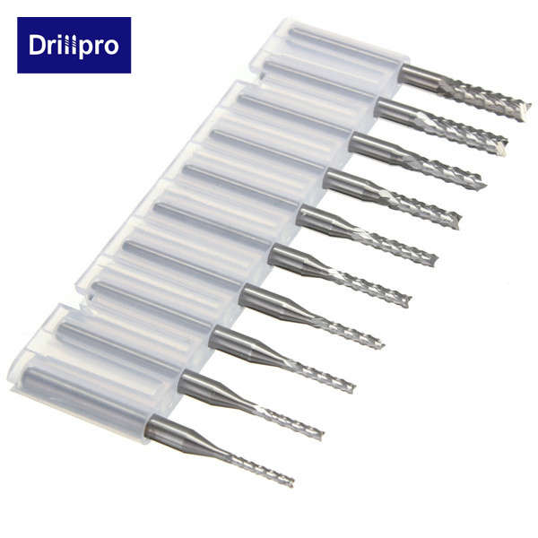 Drillpro DB-M3 10pcs 1.3mm-3.175mm Carbide End Mill Engraving Bits for CNC PCB Rotary Burrs