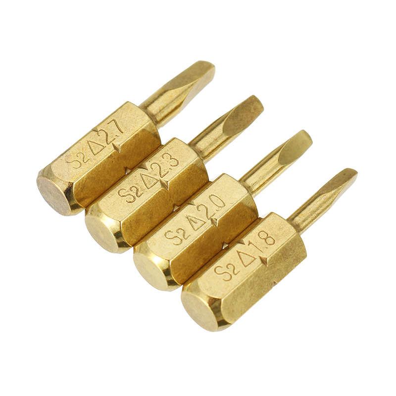 Broppe 4pcs 25mm 1.8-2.7mm Triangle Shaped Screwdriver Bits 1/4 Inch Hex Shank Electroplating Bronze