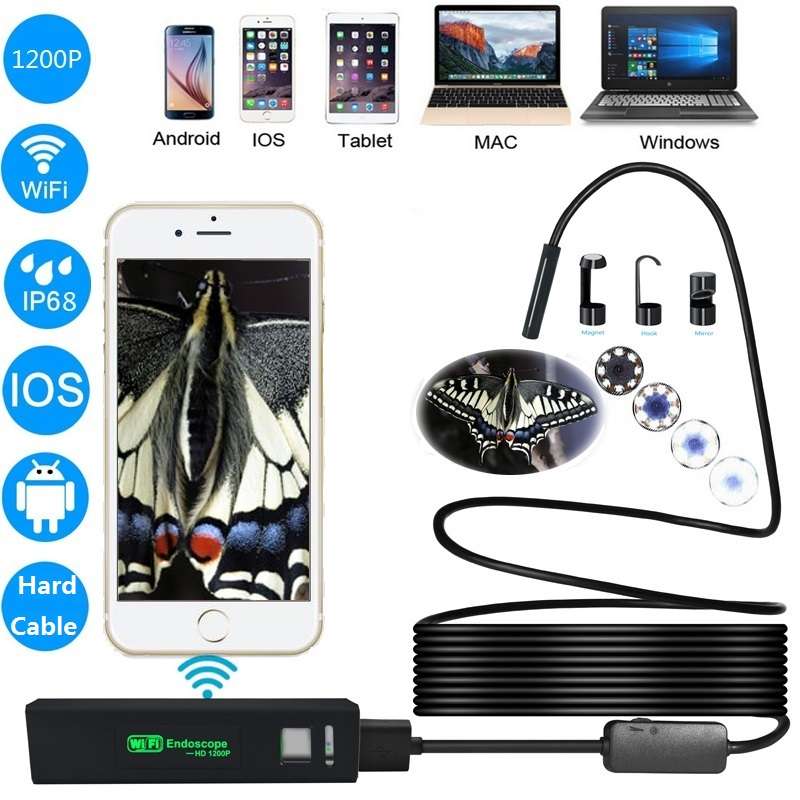 1200P IP68 8 LED Adjustable Lights 8mm Waterproof WiFi Endoscope Camera for PC Android iOS Hard Line