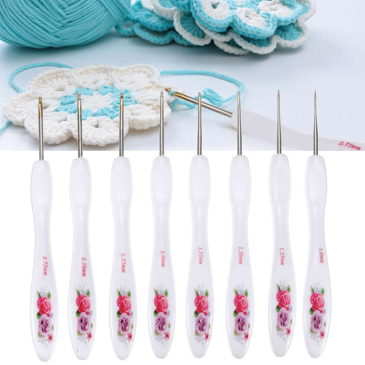 8pcs 1mm-2.75mm Soft Handle Crochet Hooks Aluminium Flowers Crochet Hooks Knitting Needles Set