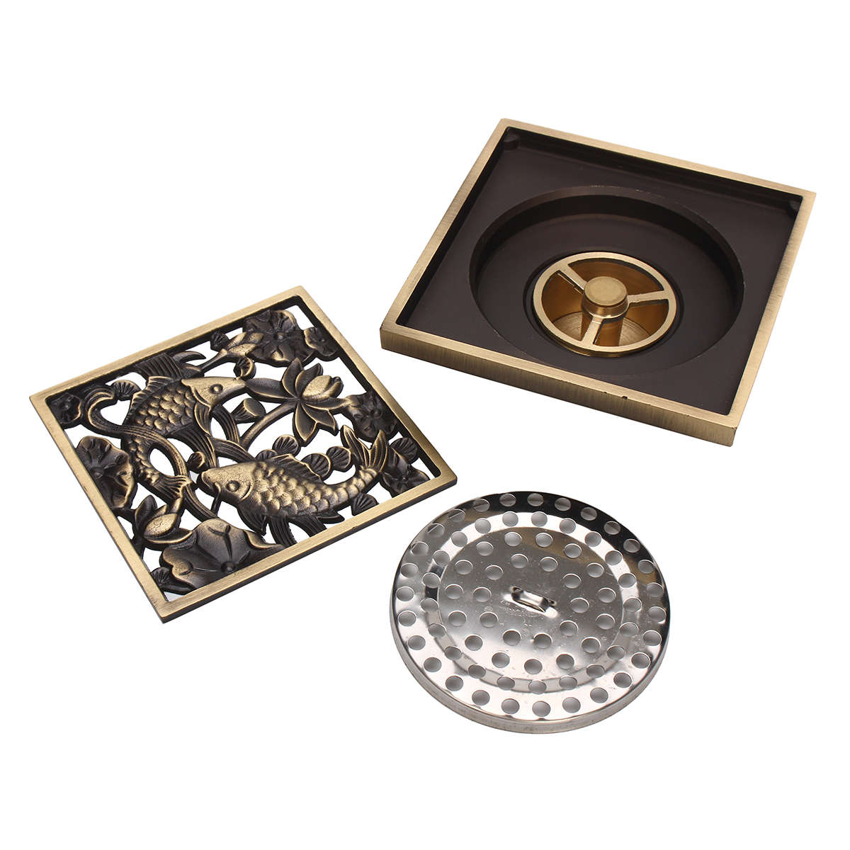 Antique Brass Bathroom Floor Drain Square Shower Waste Water Strainer Fishes Art