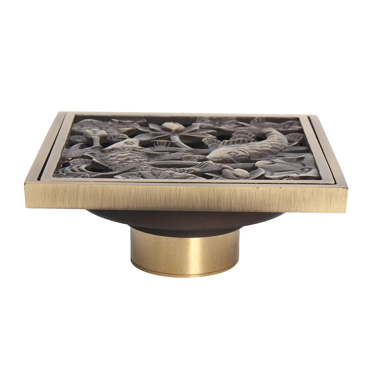 Antique Brass Bathroom Floor Drain Square Shower Waste Water Strainer Fishes Art