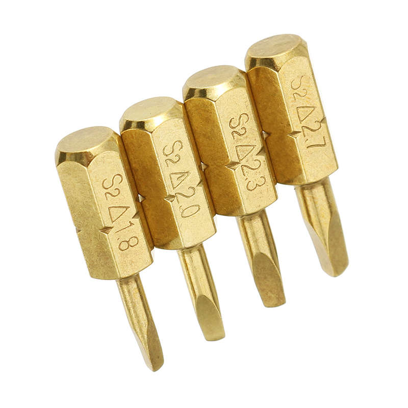 Broppe 4pcs 25mm 1.8-2.7mm Triangle Shaped Screwdriver Bits 1/4 Inch Hex Shank Electroplating Bronze