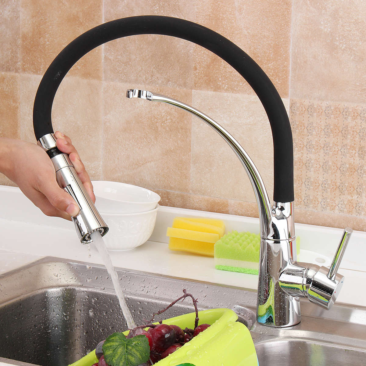 Black Rubber Pull Down Kitchen Basin Faucet Tap