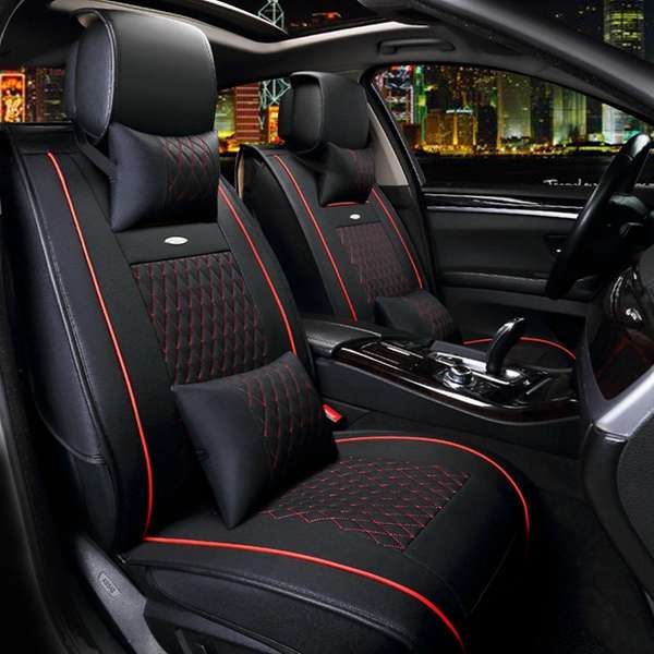 + 10pcs PU Leather Car Seat Cover 5 Seat Front and Rear Seat Cover Set Full Surround Needlework