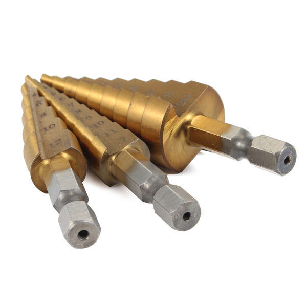 Doersupp 3Pcs 3-12m/4-12mm/4-20mm Step Drill Bits Titanium Coated Step Drill Bits Set