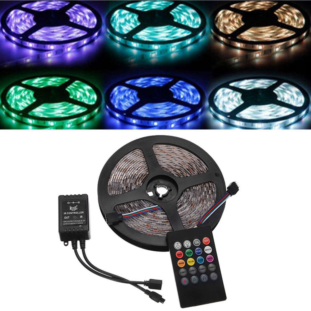 5M SMD 5050 RGB Waterproof Music Sound Sensor 300 LEDs Strip Light DC12V 20 Key IR Controller