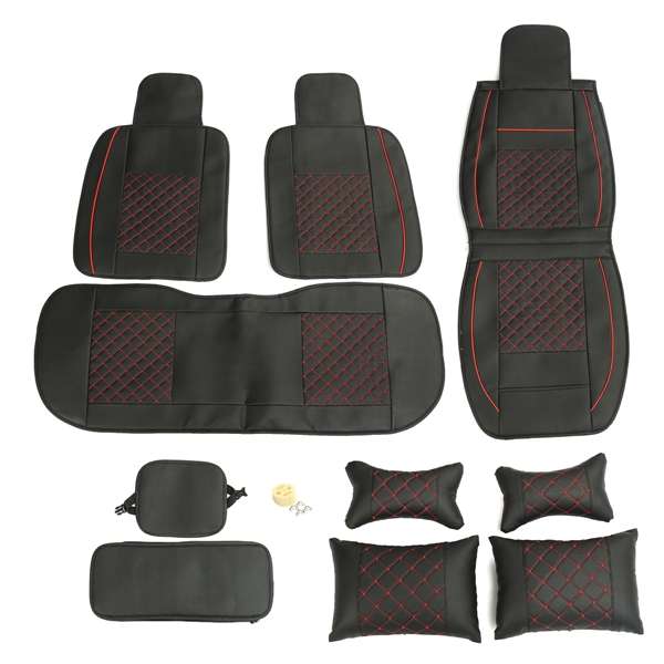 + 10pcs PU Leather Car Seat Cover 5 Seat Front and Rear Seat Cover Set Full Surround Needlework