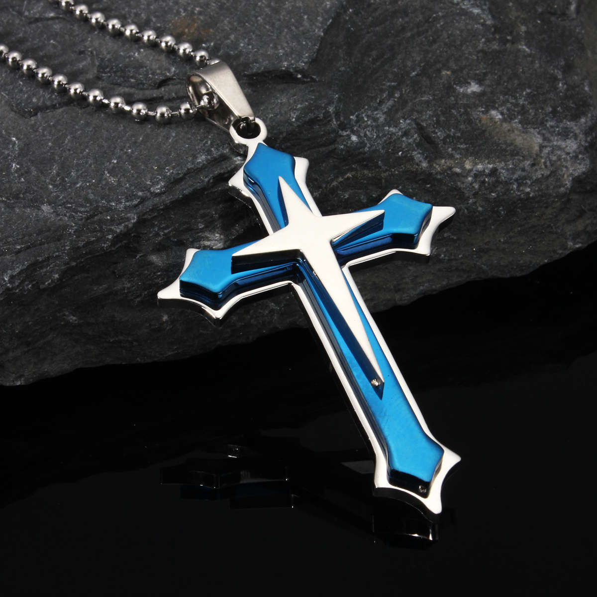 Starlike Cross Three Layers Pendant Stainless Steel Chain Necklace