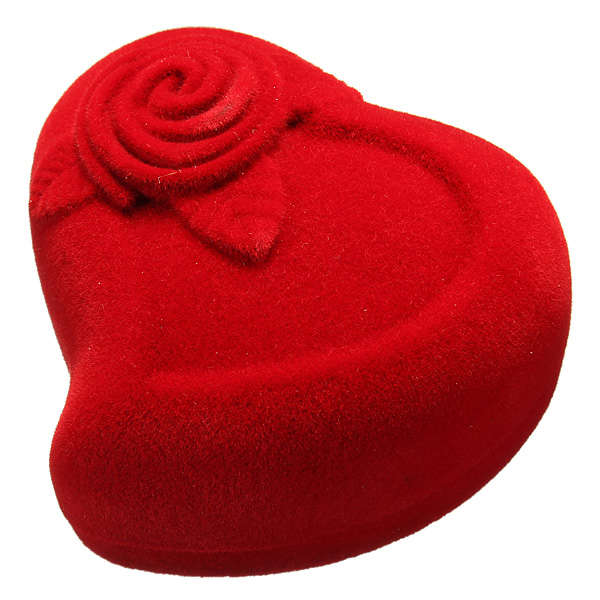 Bride Groom Red Velvet Heart Flower Rose Double Wedding Ring Box