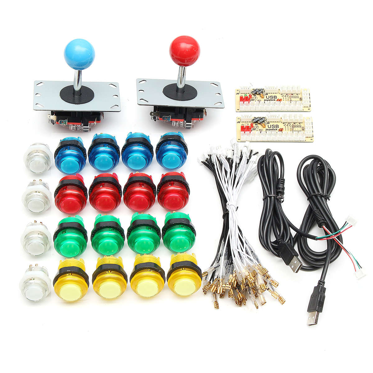 20 LED Arcade Full Colors Switch Buttons 2 USB Encoder 2 Joysticks DIY Kit Blue Red