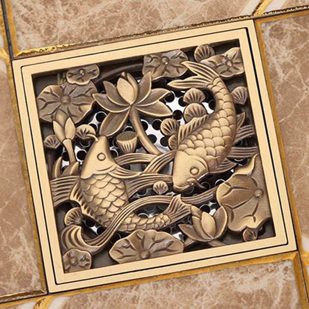 Antique Brass Bathroom Floor Drain Square Shower Waste Water Strainer Fishes Art