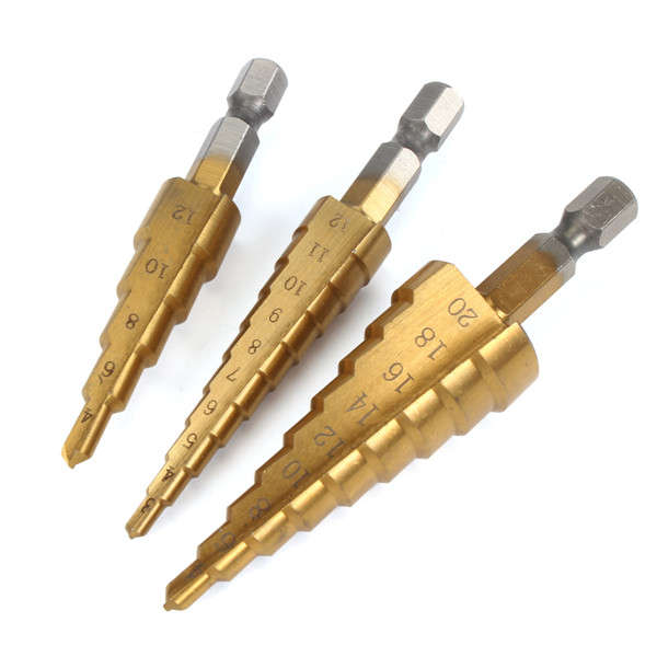 Doersupp 3Pcs 3-12m/4-12mm/4-20mm Step Drill Bits Titanium Coated Step Drill Bits Set