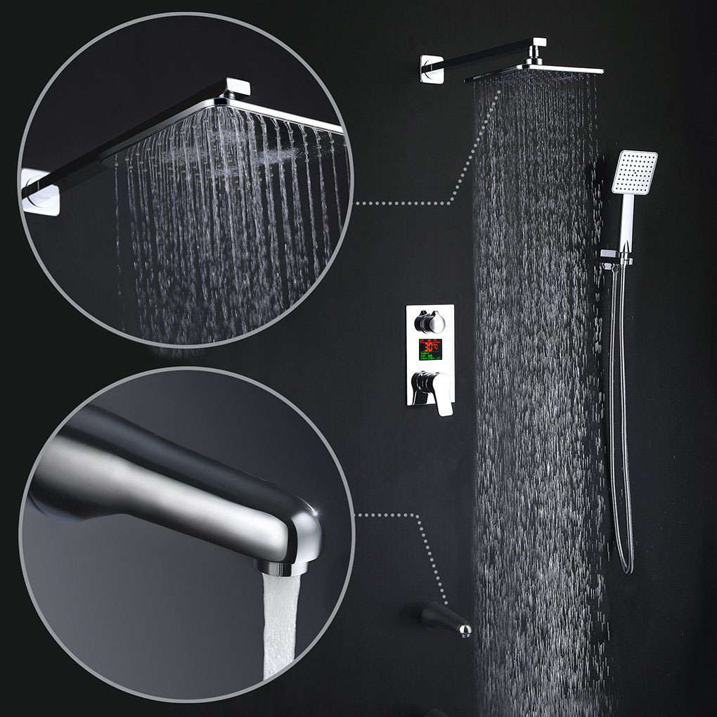 KCASA KC-S100 LED Digital Display Wall Mount Bathroom Rain Mixer Shower Set Three Ways Shower System