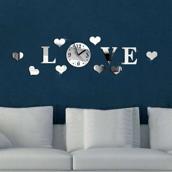 DIY 3D Home Modern Love Wall Clock Decor Mirror Living Room