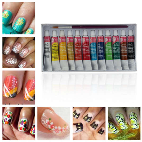 12 Colors Acrylic Nail Art Paint Set With Nail Art Brush Pen