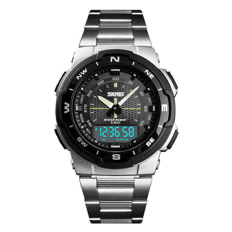 SKMEI 1370 Stainless Steel Waterproof Chrono Dual Digital Watch Business Style Men Wrist Watch