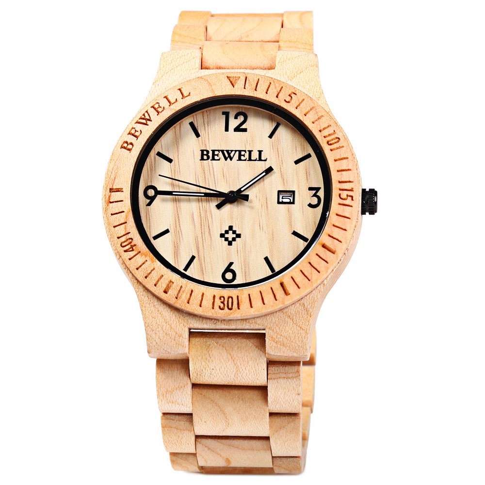 New BEWELL ZS-W086B Men Natural Wooden Auto Calendar Display Fashion Quartz Wris