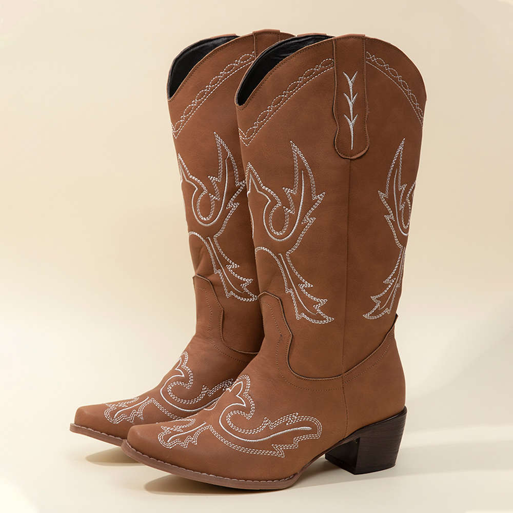 Plus Size Women Retro Embroidered Chunky Heel Mid Calf Cowboy Boots