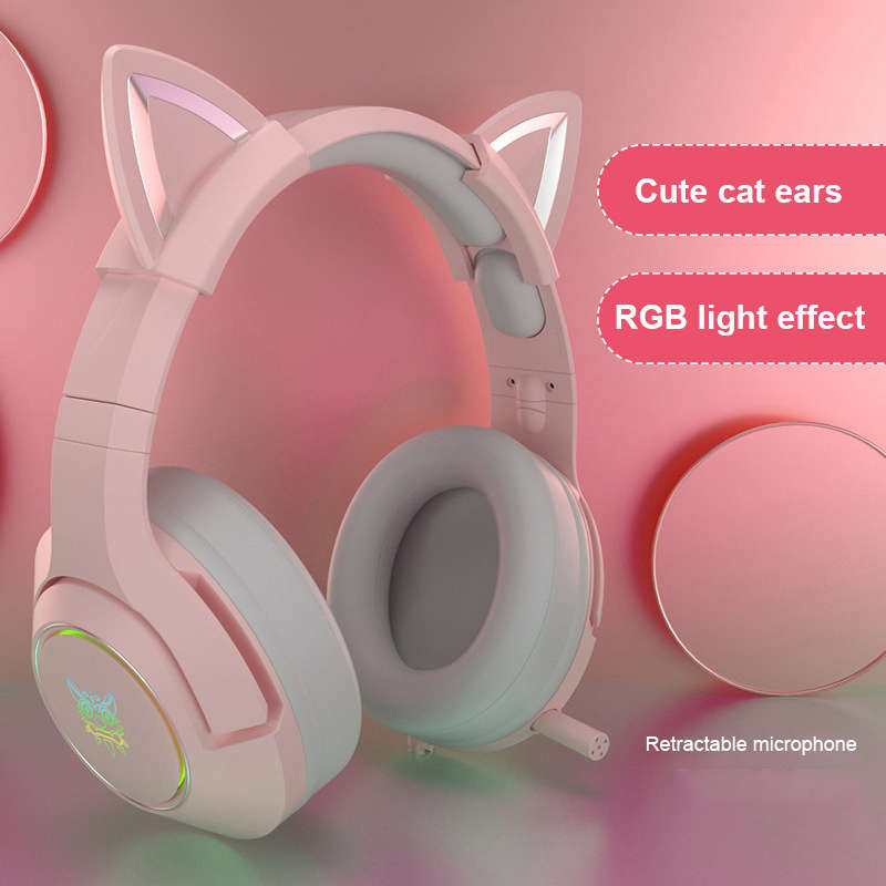 ONIKUMA Wired Headphones Stereo Dynamic Drivers Noise Reduction Headset 3.5MM RGB Luminous Pink Cat