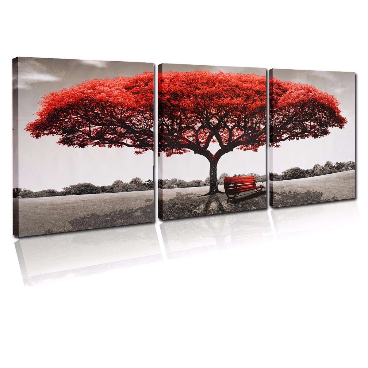 3 Pcs Wall Decorative Paintings Red Tree Canvas Print Art Pictures Frame