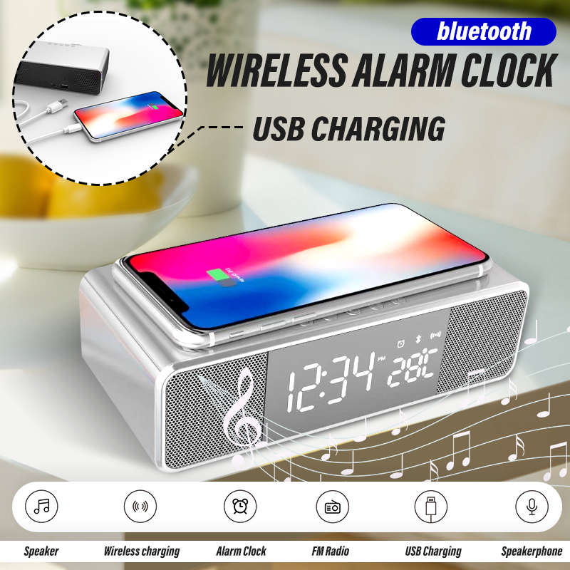 Wireless bluetooth Alarm Clock Phone Charger FM Radio Table Digital Thermometer With Alarm Clock Dis