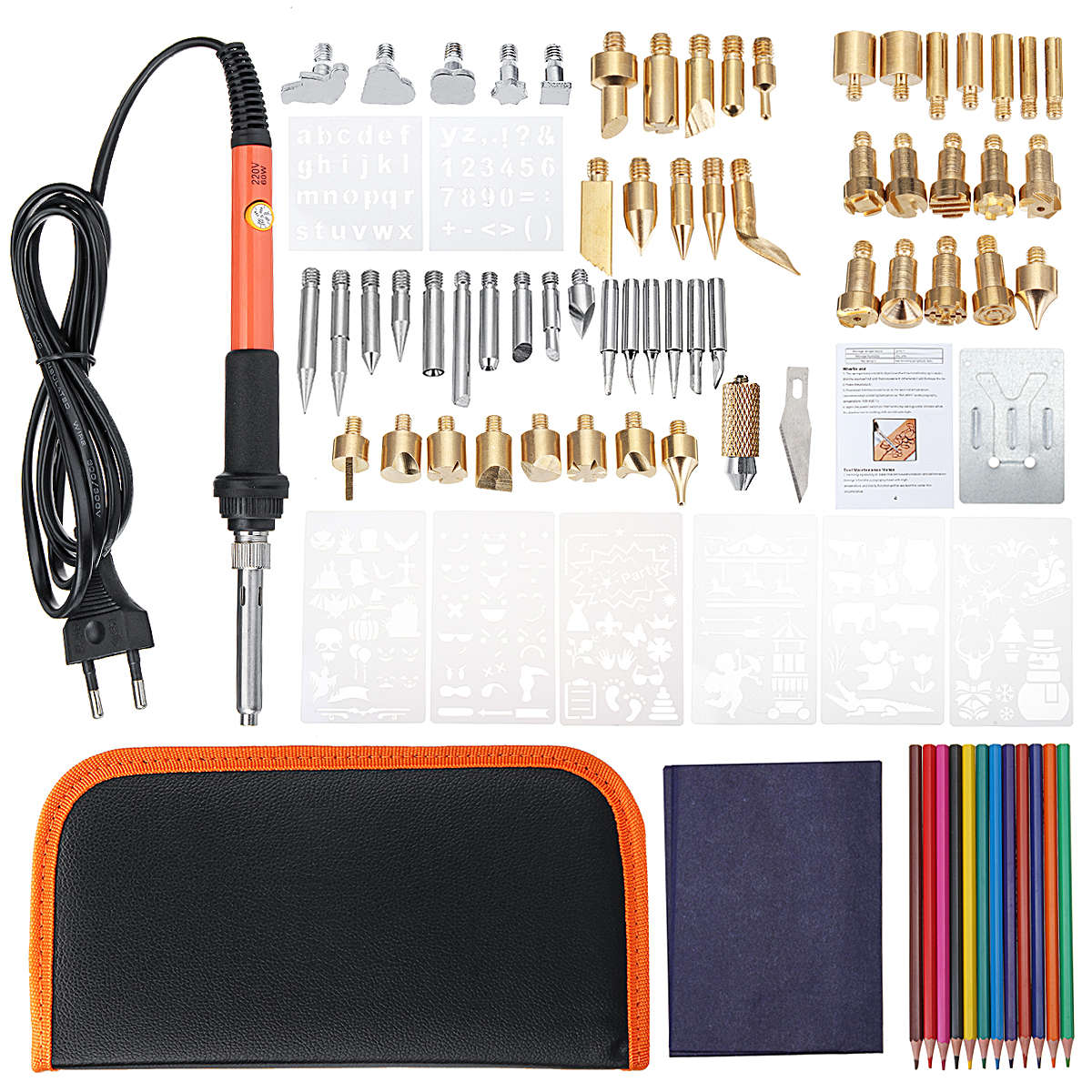 92pcs Wood Burning Pen Set Tips Stencil Soldering Iron Pyrography Tools Crafts Kit (Adaptor US Plug)