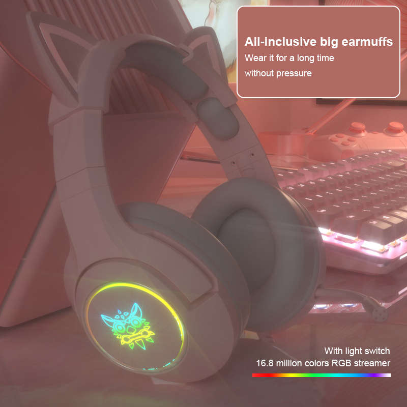ONIKUMA Wired Headphones Stereo Dynamic Drivers Noise Reduction Headset 3.5MM RGB Luminous Pink Cat