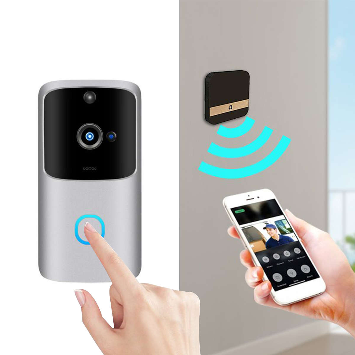 1080P HD Wireless Wifi Smart Doorbell Camera  PIR Bell Security Home + Chime (Type Chime US Plug)
