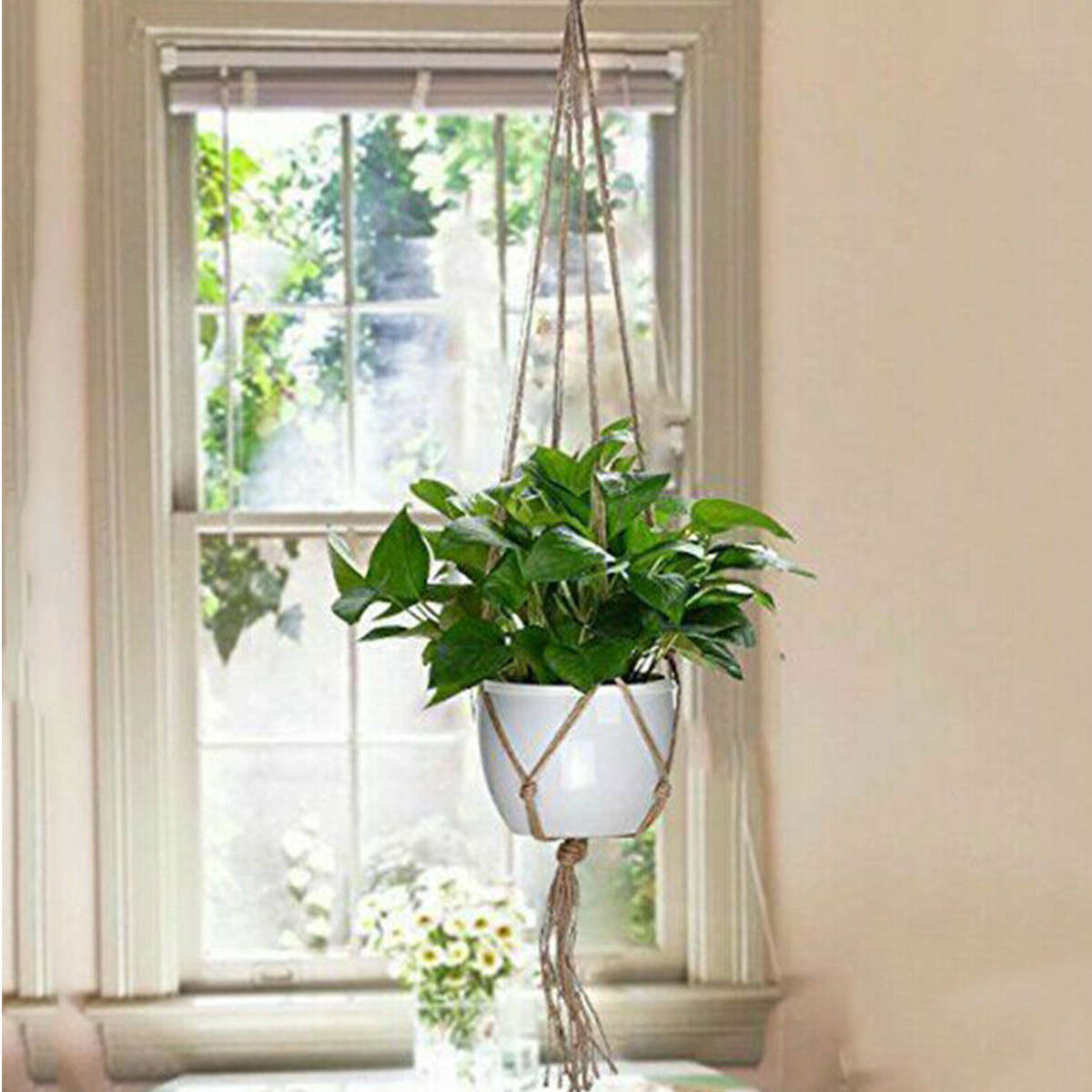 2Pcs Plant Flower Hanger Macrame Jute for Indoor Outdoor Ceiling Deck Balcony Round and Square Pots