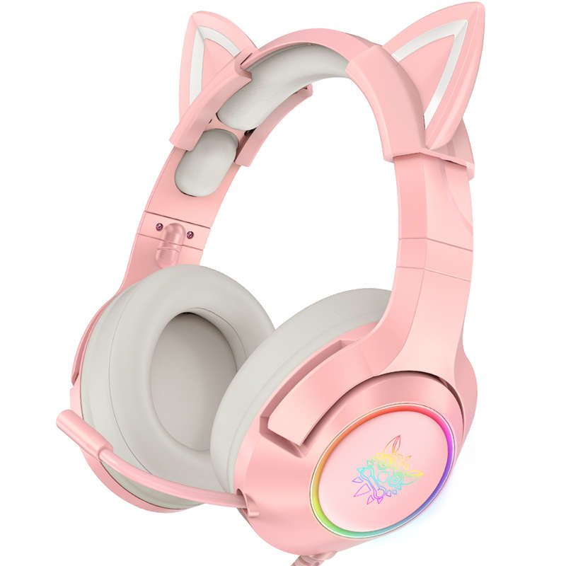 ONIKUMA Wired Headphones Stereo Dynamic Drivers Noise Reduction Headset 3.5MM RGB Luminous Pink Cat