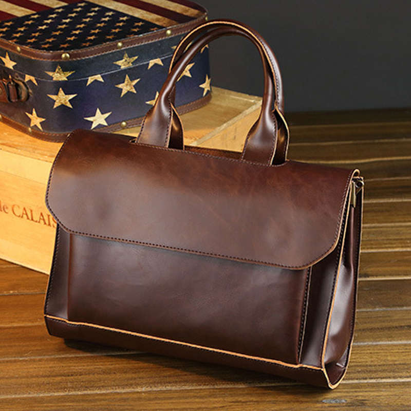 Men Retro Multi-compartment Briefcase Flap-Over Large Capacity Soft PU Leather