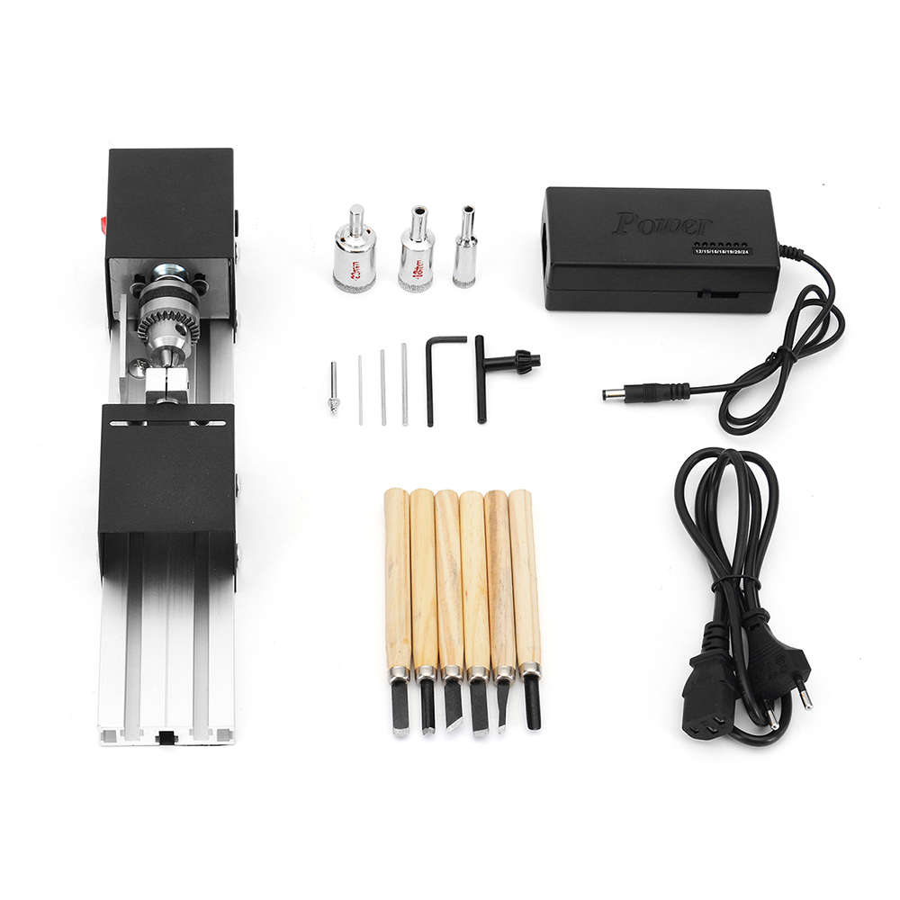 Drillpro Mini Lathe Beads Machine Wood Working DIY Lathe Set with DC 24V Power Adapter Metal Cover