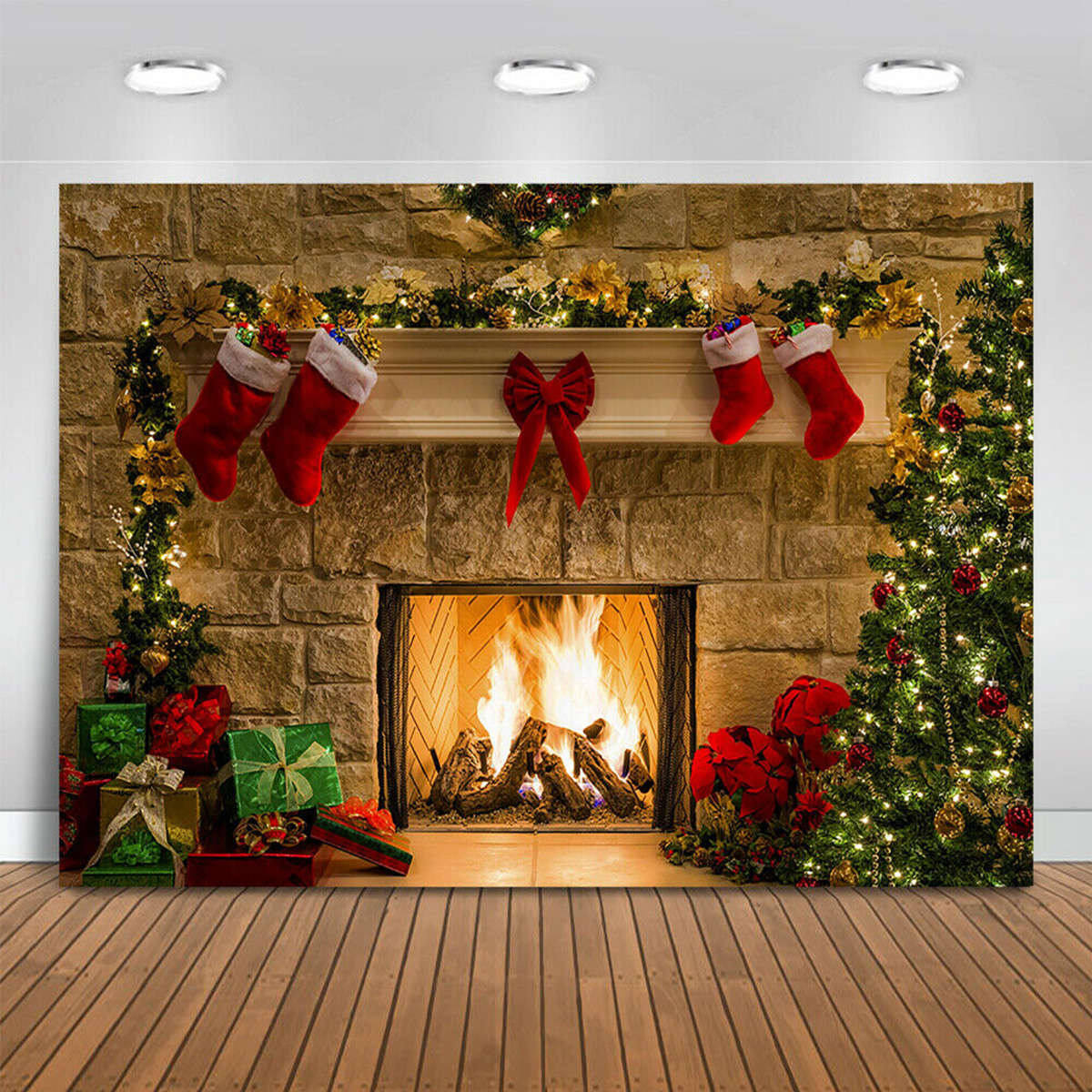 5x3FT 7x5FT 10x7FT Christmas Fireplace Red Socks Backdrop Photography Background