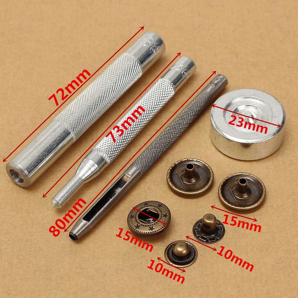 30Set 15mm Antique Brass Snap Fasteners Popper Press Stud Button Leather Tool Kit