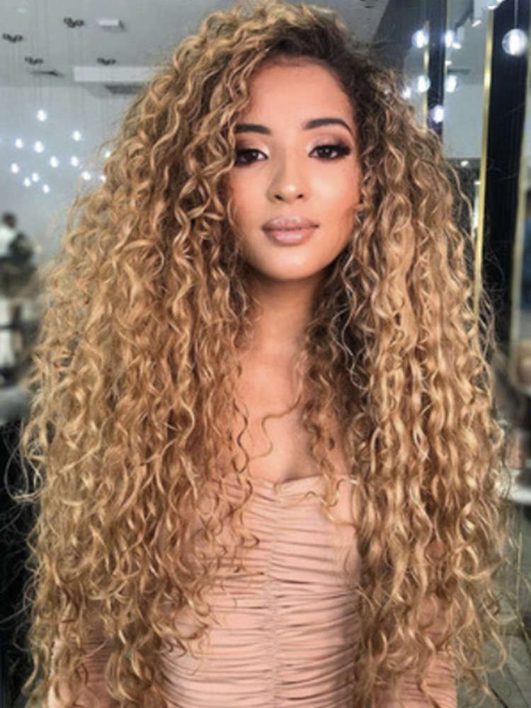 Brown Gradient Long Curly Hair Fluffy Afro Small Curly Wig Chemical Fiber Full Head Cover Wig