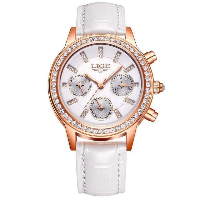 New LIGE 9812 Elegant Design Date Display Ladies Wrist Watch Diamonds Leather Ba