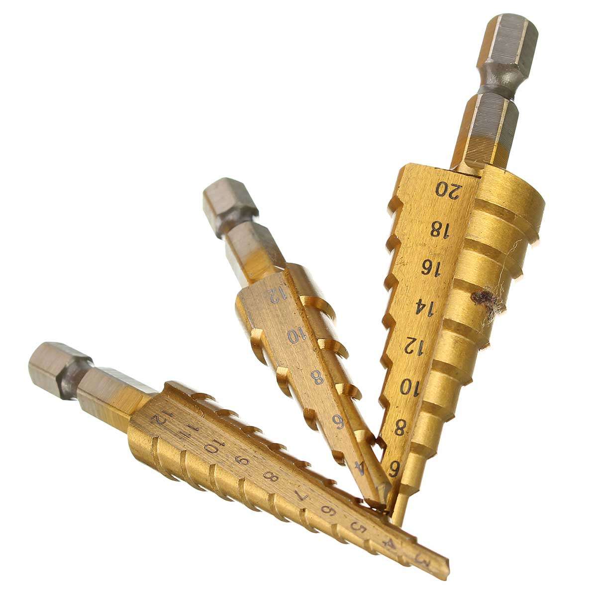 Drillpro 3Pcs 1/4 Inch Hex Shank HSS Titanium Coated Step Drill Bit Set 3-12/4-12/4-20mm