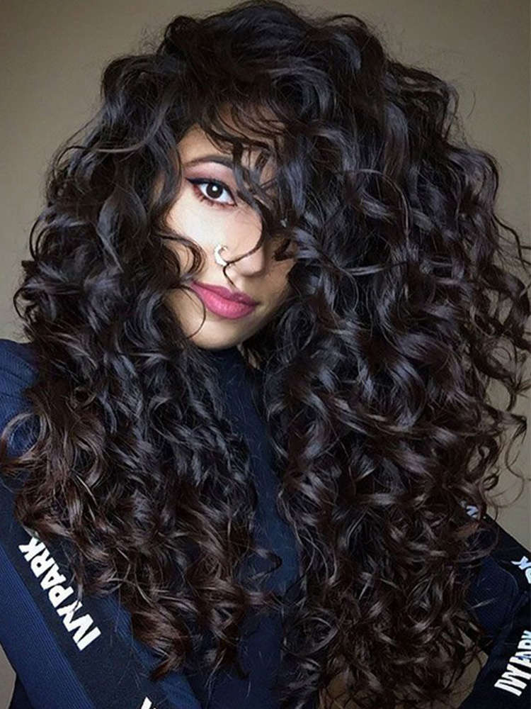Natural Black Long Curly Hair Fluffy Afro Small Curly High Temperature Fiber Wigs