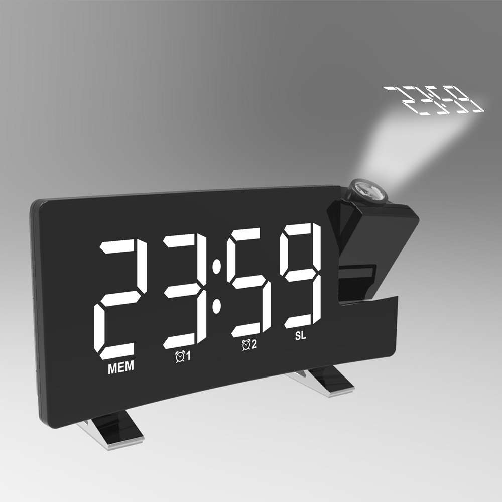 Radio Projection Alarm Clock Large Screen LED Display Electronic Clock Curved Double Alarm Clock