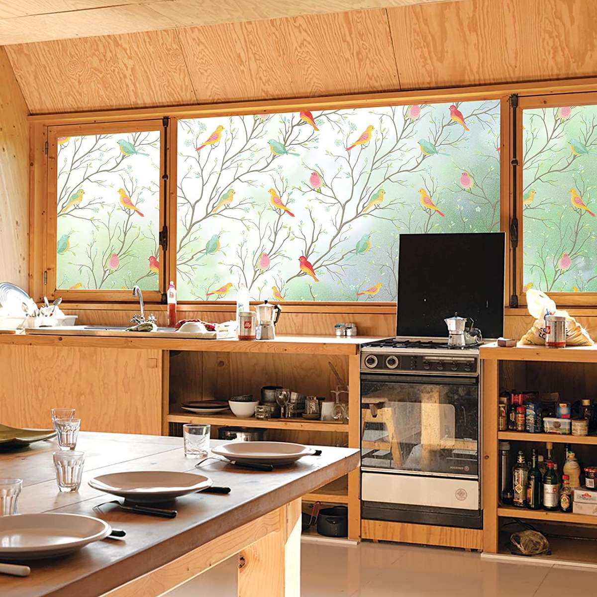 (Size 90 200cm )3D Matte Window Sticker Colorful Bird Non-adhesive Frosted Glass Static Cling St...