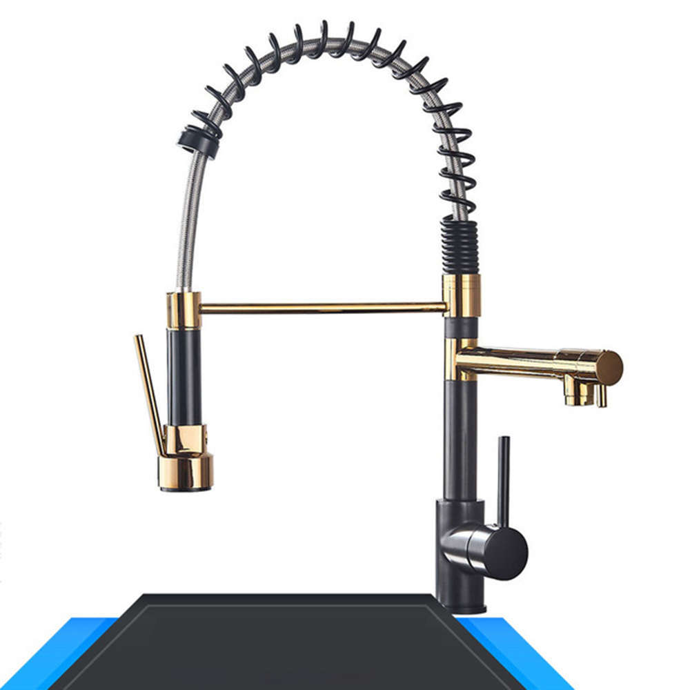 Spring Pull Down Kitchen Sink Faucet Hot & Cold Water Mixer Crane Tap with Dual Spout Deck Mounted