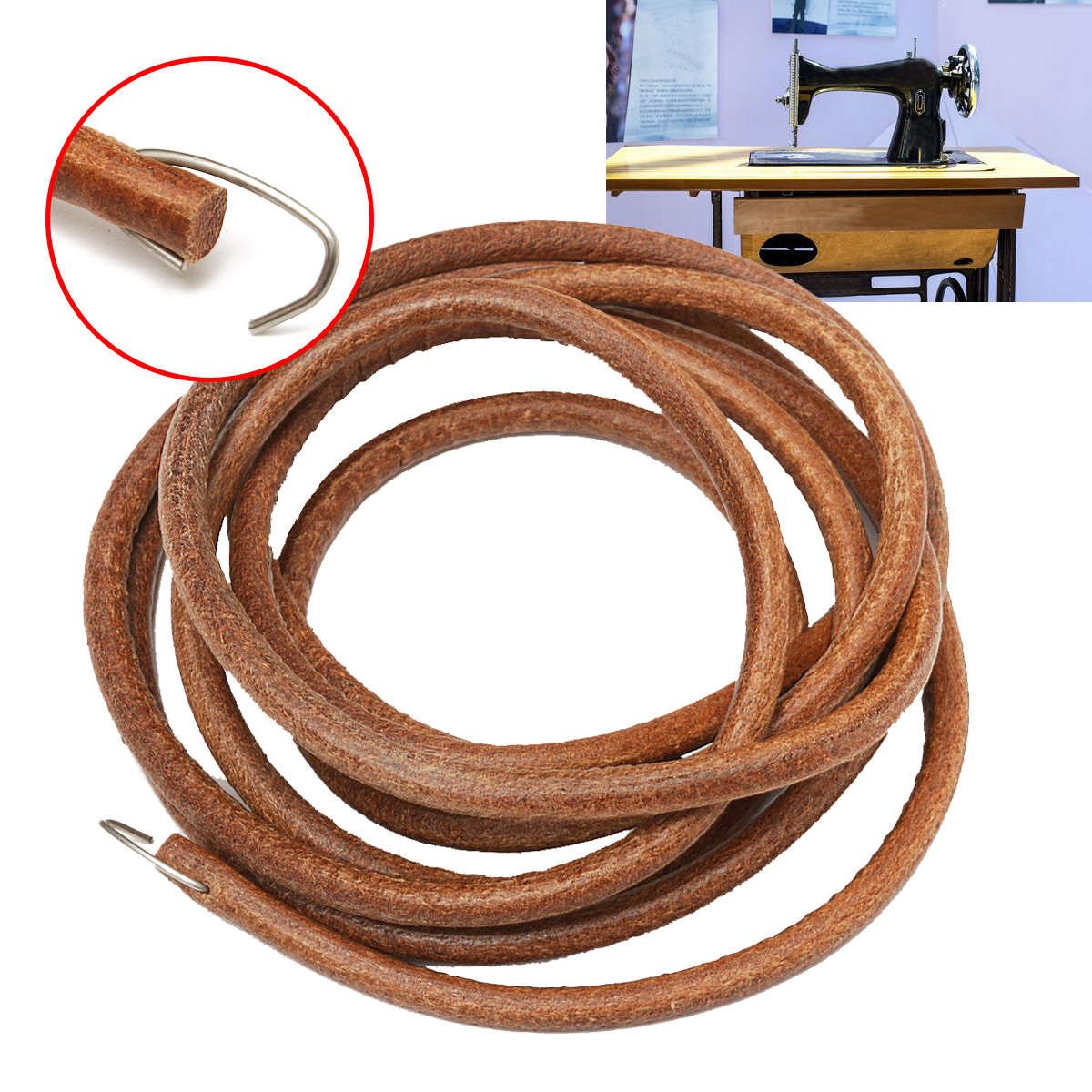 183cm Leather Belt Treadle Parts With Hook For Singer Sewing Machine 5mm