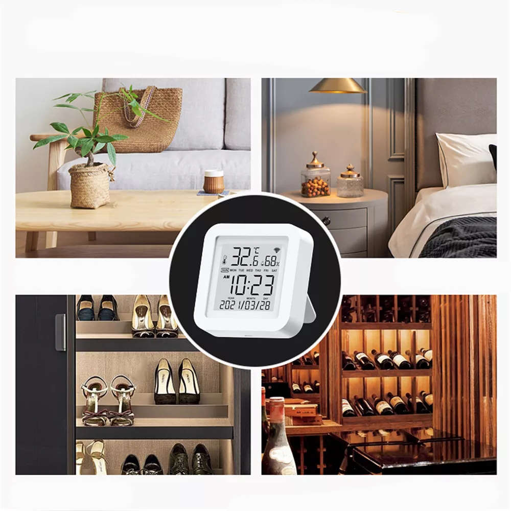 Tuya WIFI Temperature Humidity Smart Sensor Clock Digital Display Remote Control Thermometer Support