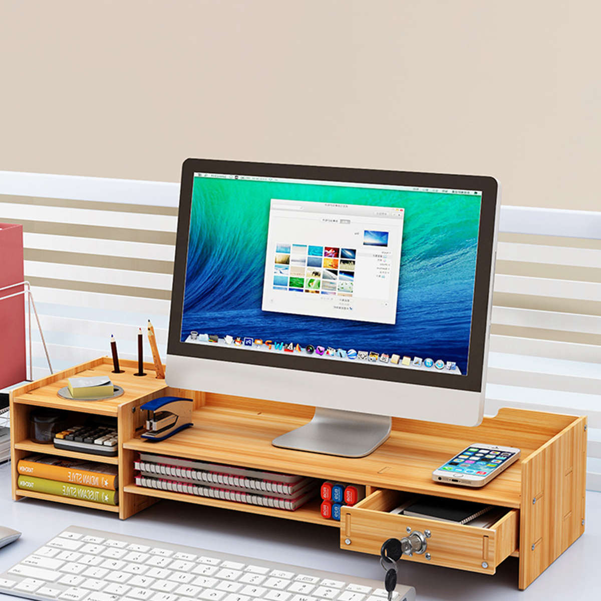 Wood Computer Monitor Stand Riser Desktop LED LCD Monitor Support Holder File Storage Drawer