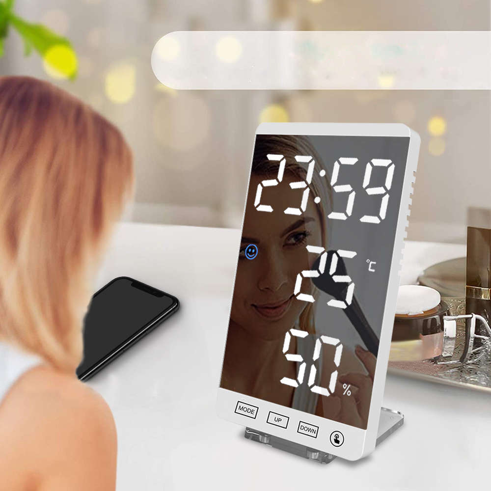 6 Inch LED Mirror Alarm Clock Touch Button Wall Digital Clock Time Temperature Humidity Display USB