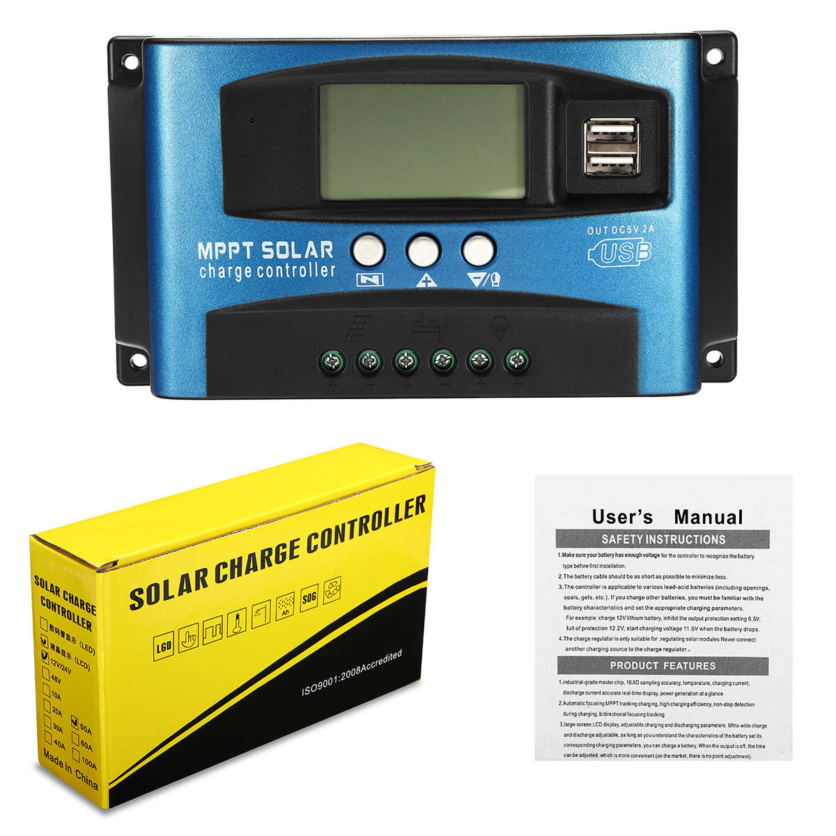 30/40/50/60/100A MPPT Solar Controller LCD Solar Charge Controller Accuracy Dual USB Solar Panel Bat